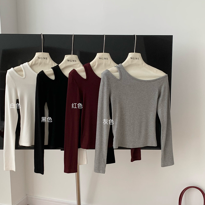 2024秋季不规则露肩长袖T恤女设计感小众修身内搭打底衫洋气上衣,女装/女士精品,时尚防晒服,淘宝优惠券,粉丝福利购,淘宝优惠卷