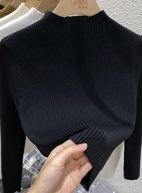 2024秋冬黑色半高领针织打底衫女设计感小众短款上衣修身内搭毛衣