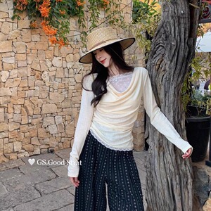 2025早春荡领蕾丝假两件打底衫女长袖T恤设计感小众纯欲修身上衣