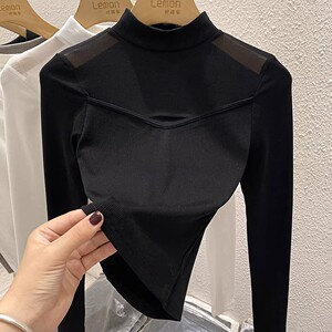 2023秋冬半高领螺纹打底衫女内搭修身网纱长袖T恤设计感小众上衣