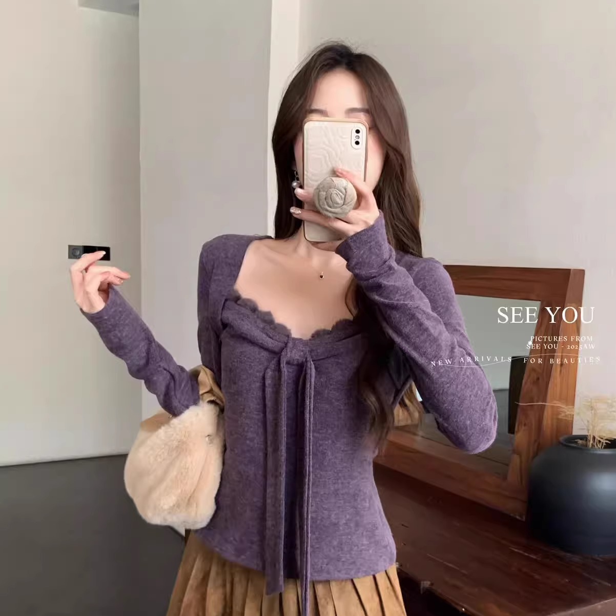 纯欲风绑带蝴蝶结花边毛衣女