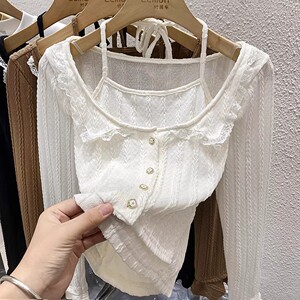 2023辣妹假两件上衣女秋季吊带挂脖打底衫设计感小众修身长袖T恤