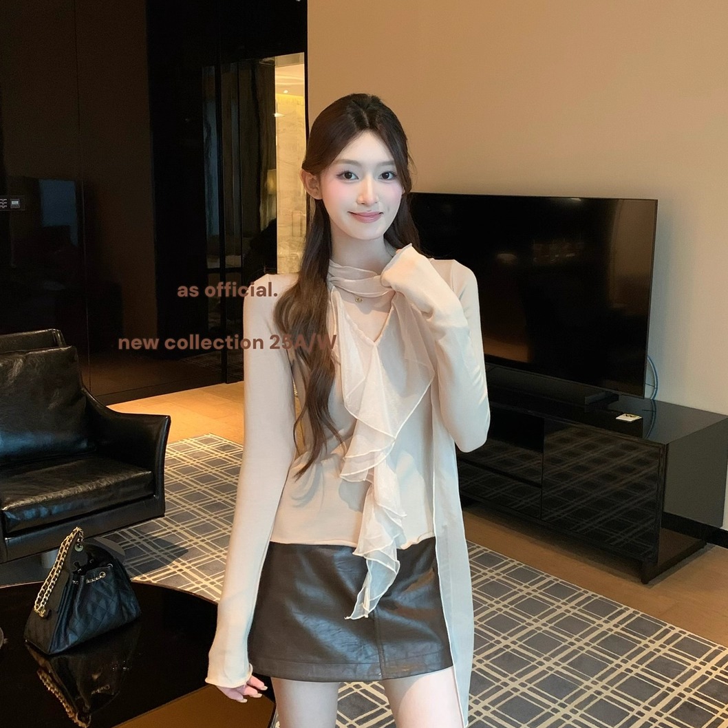 网纱飘带羊绒打底衫T恤女早