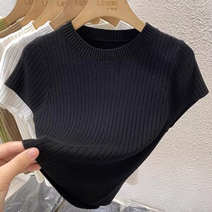 2023秋冬辣妹短款短袖T恤女修身显瘦内搭打底衫白色法式针织上衣