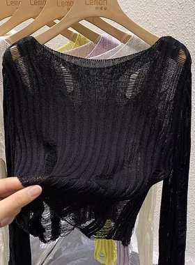 黑色罩衫T恤女设计感小众秋季高级感短款宽松破洞镂空针织衫上衣