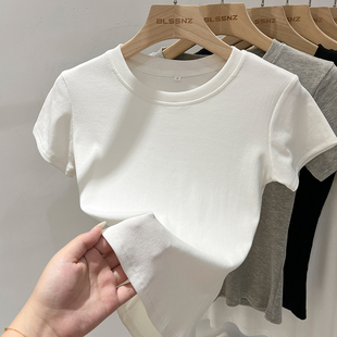 基础款 高级感内搭圆领打底衫 简约休闲上衣 t恤女春季 白色螺纹短袖