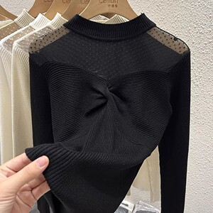 2023秋冬半高领镂空针织毛衣女修身设计感小众网纱打底衫法式上衣