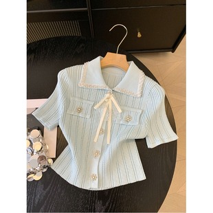 蝴蝶结短款 小香风短袖 显瘦法式 女早春修身 打底上衣 翻领钉珠针织衫