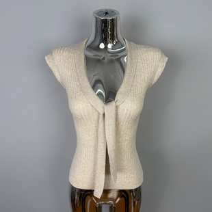 内搭打底衫 显瘦短袖 上衣 性感辣妹修身 纯欲风V领飘带针织T恤女春季