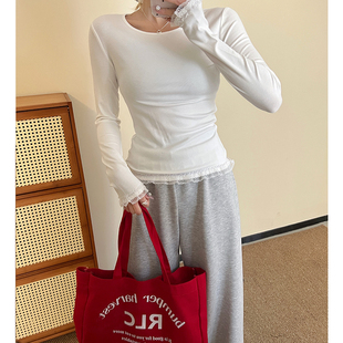 显瘦打底衫 圆领蕾丝花边拼接长袖 修身 新款 内搭洋气上衣 t恤女春季
