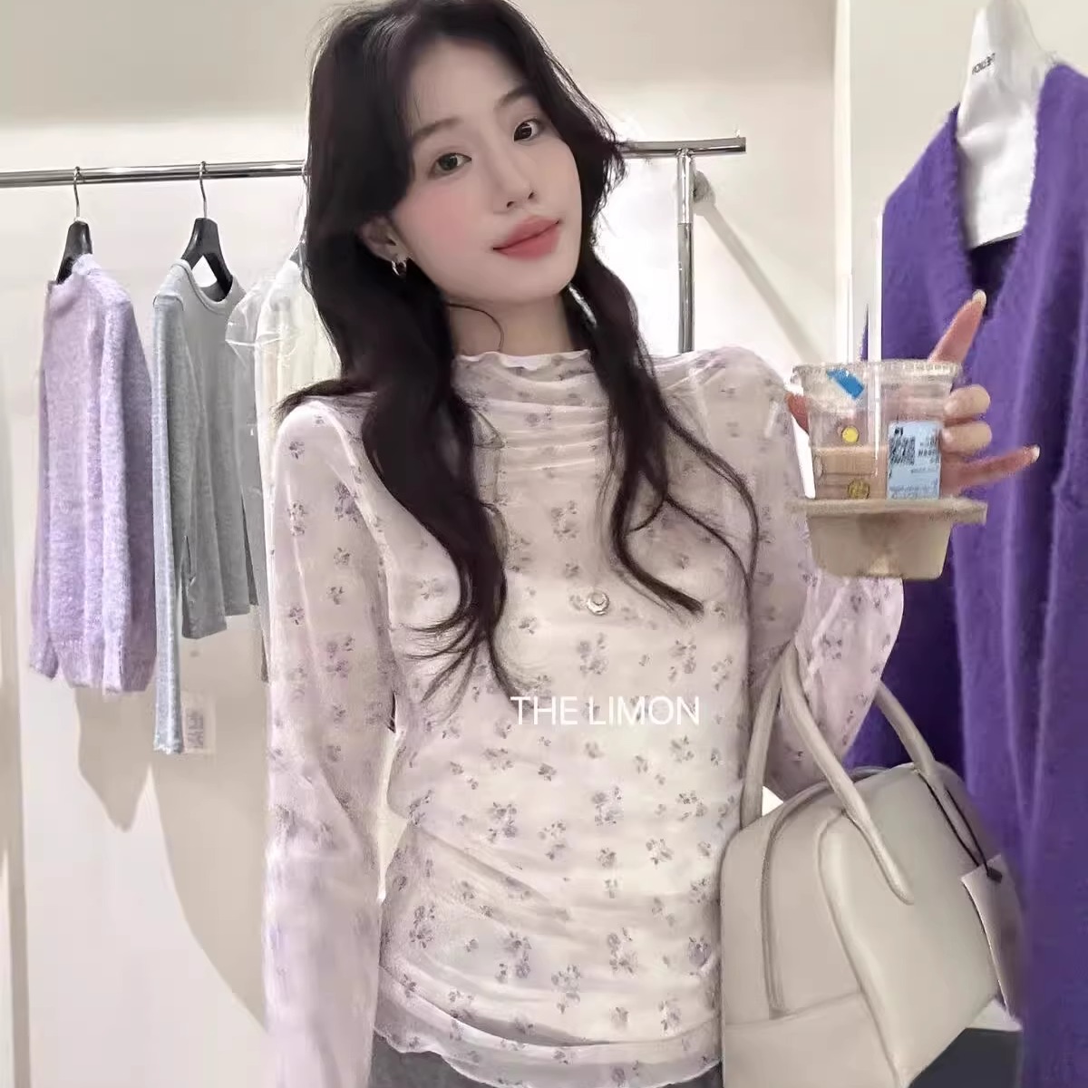 柠檬绿茶法式碎花内搭蕾丝木耳边打底衫T恤女早秋减龄长袖上衣女