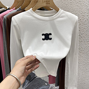 2023秋冬白色长袖T恤女修身显瘦内搭洋气时尚短款圆领打底衫上衣