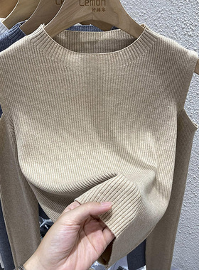 2025早春黑色镂空针织衫女红色露肩短款上衣修身显瘦内搭打底毛衣