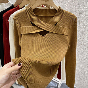 修身 设计感小众内搭打底衫 加厚毛衣上衣 女秋冬长袖 V领亮丝针织衫