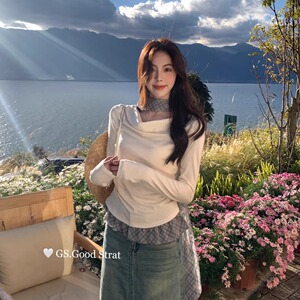 2025早春荡领假两件拼接长袖T恤女设计感小众收腰打底衫洋气上衣