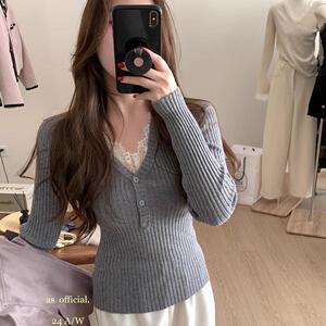 2024秋冬V领修身针织衫女蕾丝拼接内搭毛衣打底衫设计感小众上衣