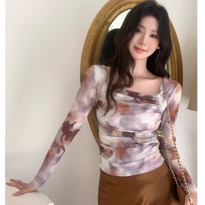 2025早春防晒衫扎染长袖T恤女设计感小众修身打底衫收腰网纱上衣