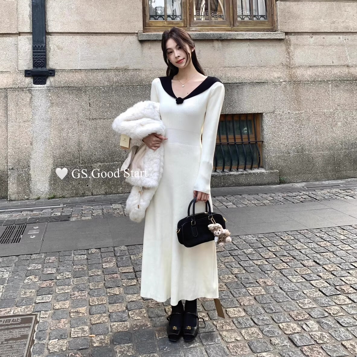 温柔风气质v领针织长袖连衣裙女