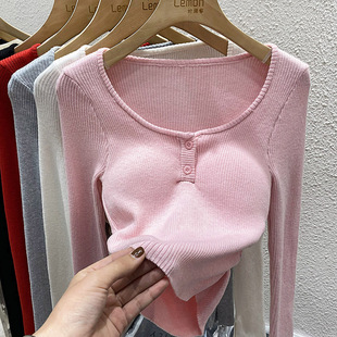 针织衫女早春设计感小众圆领修身显瘦打底衫内搭短款毛衣白色上衣