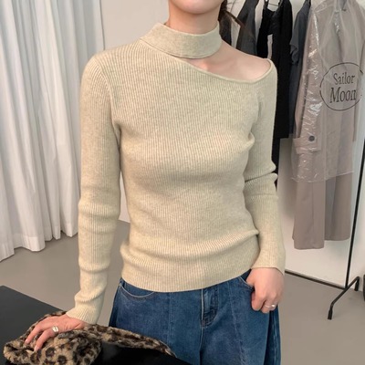 挂脖气质露肩打底针织衫女