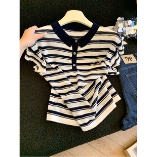 条纹短袖 复古刺绣时尚 宽松显瘦法式 T恤女春季 上衣 百搭针织打底衫