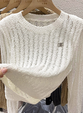 2025早秋短款针织衫女设计感小众宽松镂空套头圆领长袖毛衣打底衫