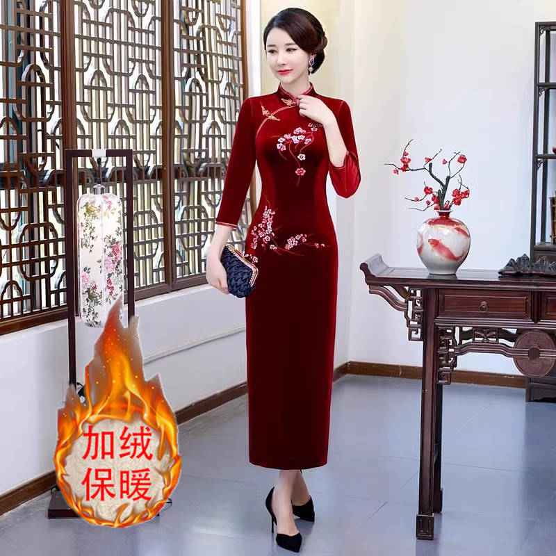 旗袍改良连衣裙中年女妈妈装复古秋冬金丝绒长款春秋加绒加厚礼服