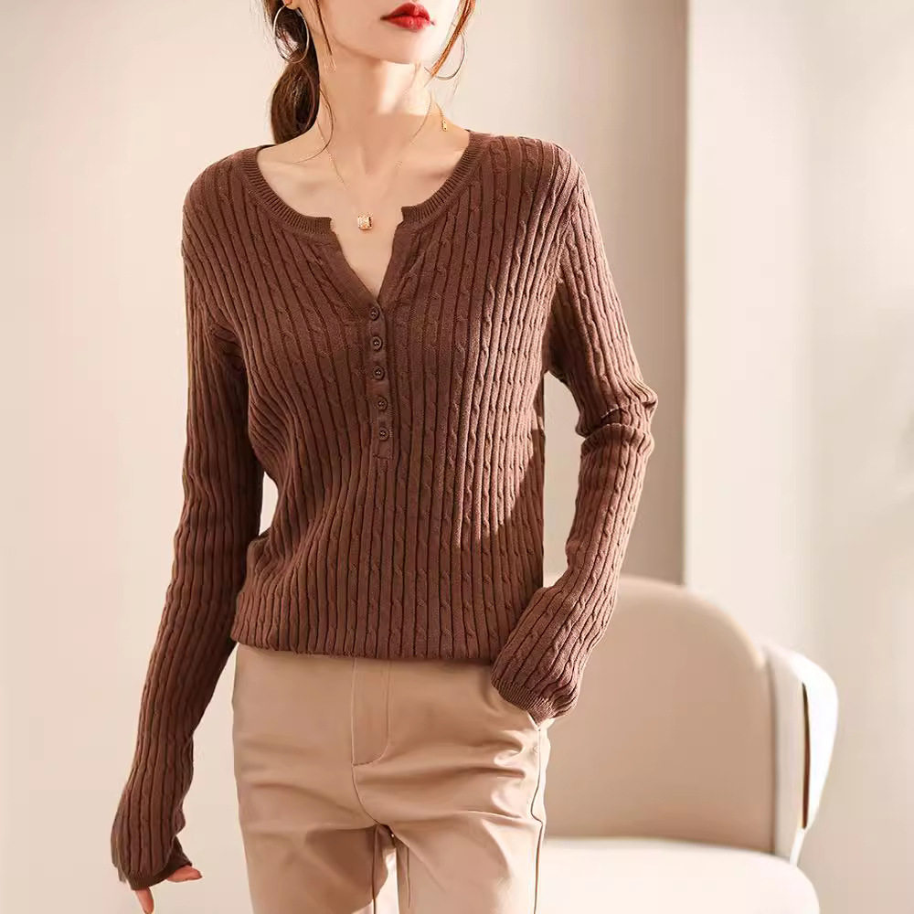 26新款棉线针织衫女半开领长袖毛衣春秋新款麻花洋气线打底上衣女