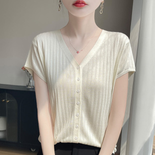 纯色薄款 女26年春夏新款 宽松百搭上衣 短袖 天丝莱赛尔V领针织开衫