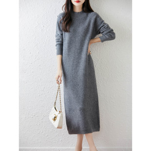 秋冬100%纯羊毛连衣裙女长款 过膝打底毛衣裙宽松直筒显瘦羊绒长裙
