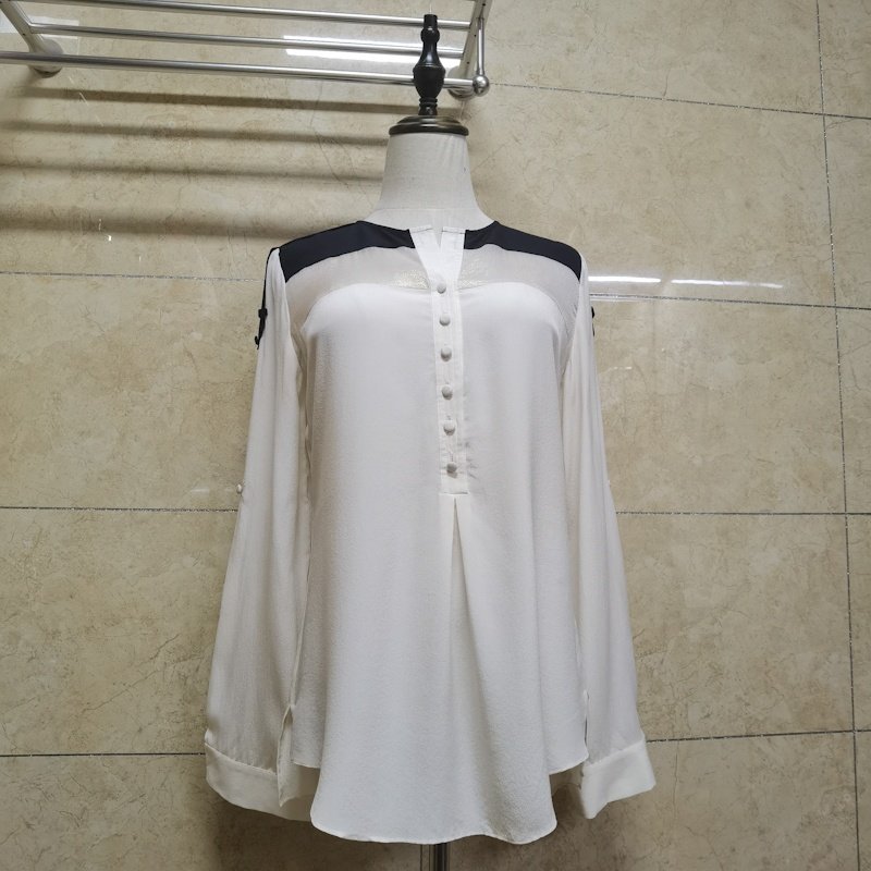 12-21-5外贸原 样板衣 100%桑蚕丝撞色拼接宽松衬衫套头衫女