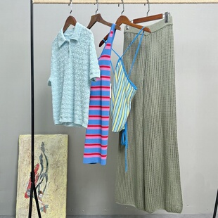 外贸单针织钩花翻领上衣后背交叉条纹背心系绳吊带高腰阔腿裤女春
