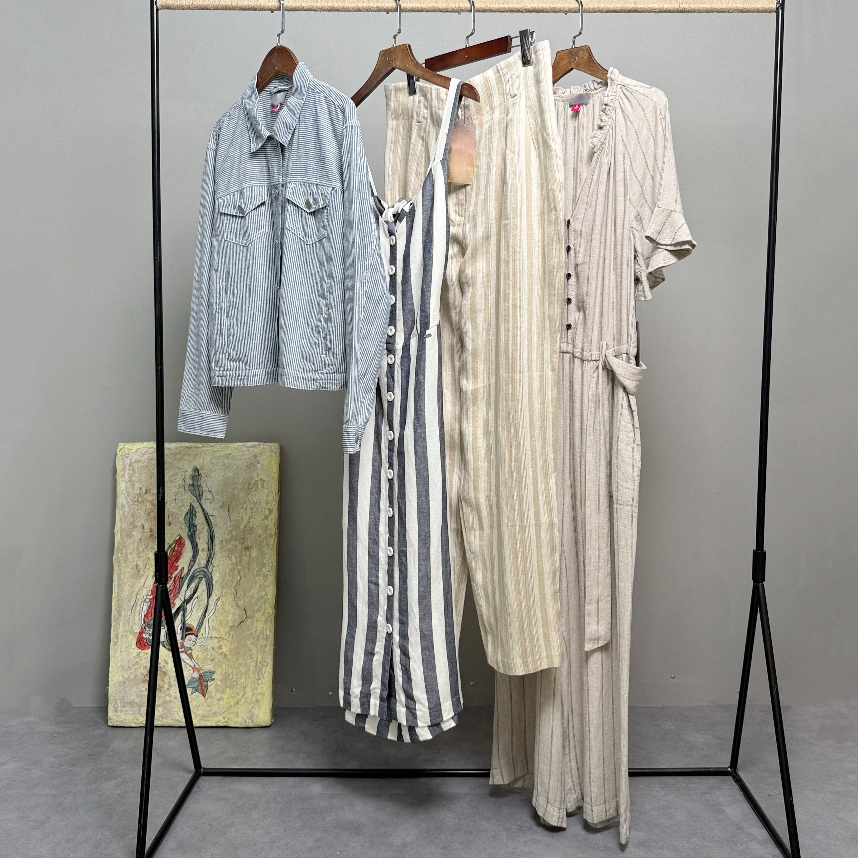 外贸单亚麻条纹外套吊带裙高腰长裤落肩修身连体裤阔腿裤女夏舒适