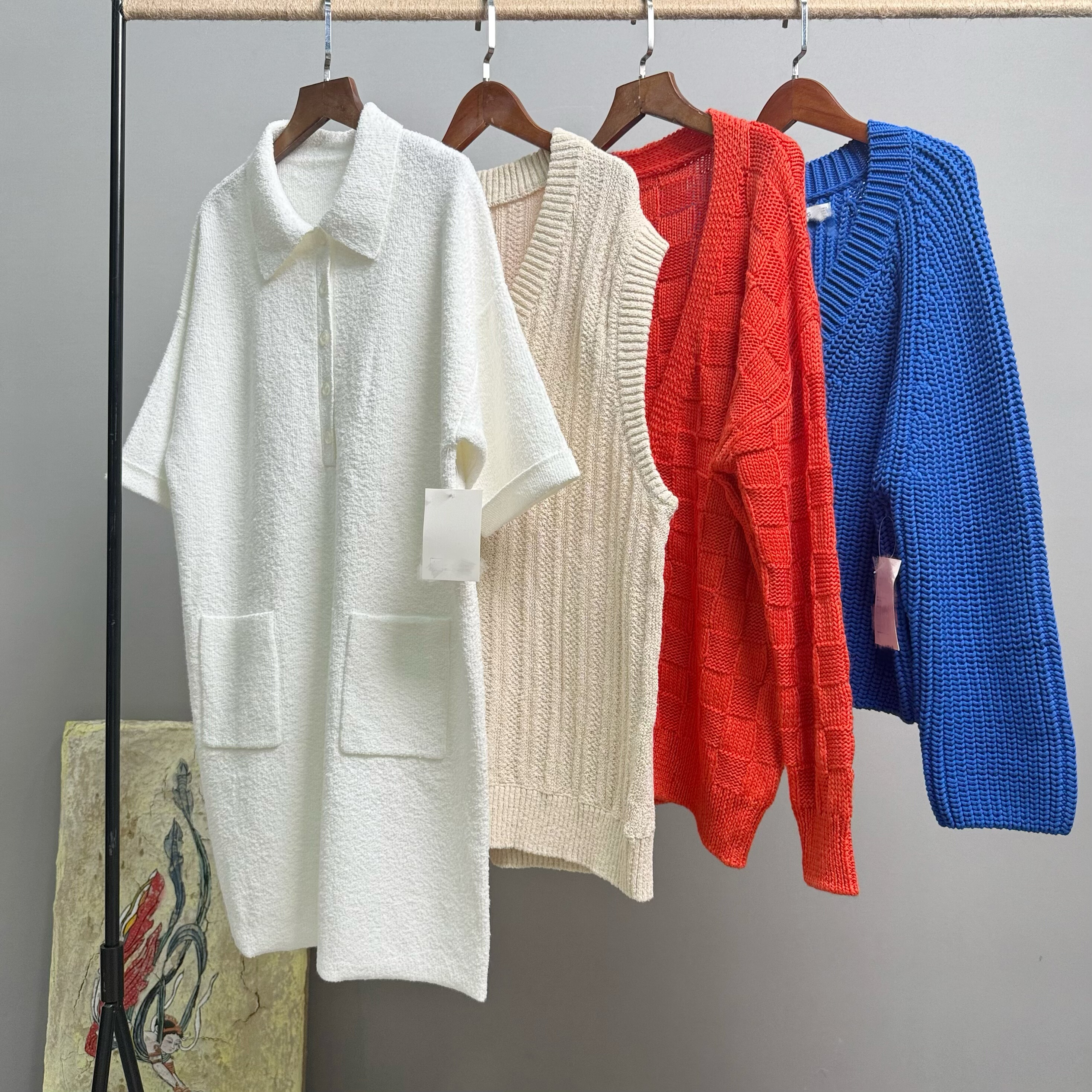 针织开衫翻领短袖粗线V领上衣