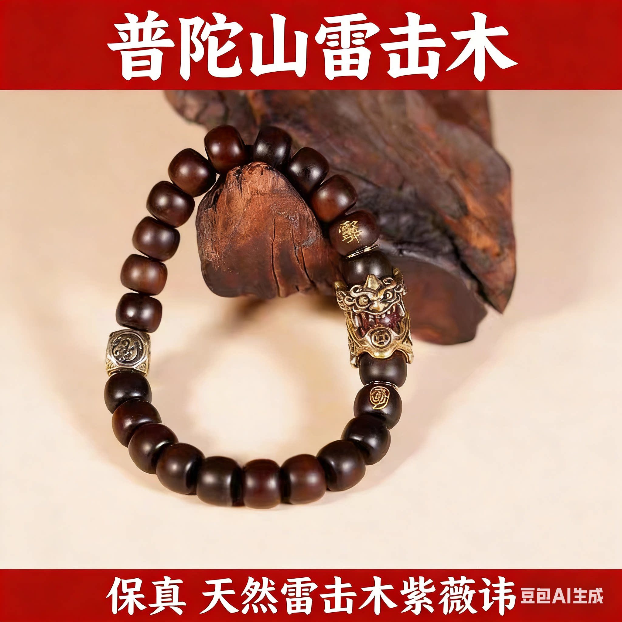 天然雷击枣木貔貅手串玉化料念珠手持木珠一体雕刻制作