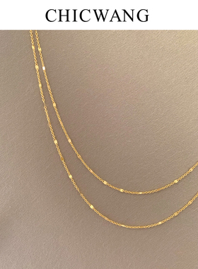 新款时尚高级感叠搭S925纯银镀18K金色波光粼粼超闪双层锁骨项链