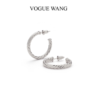 VOGUEWANG原创高级感INS简约风镀白金银色高端麻花螺纹C形耳环饰