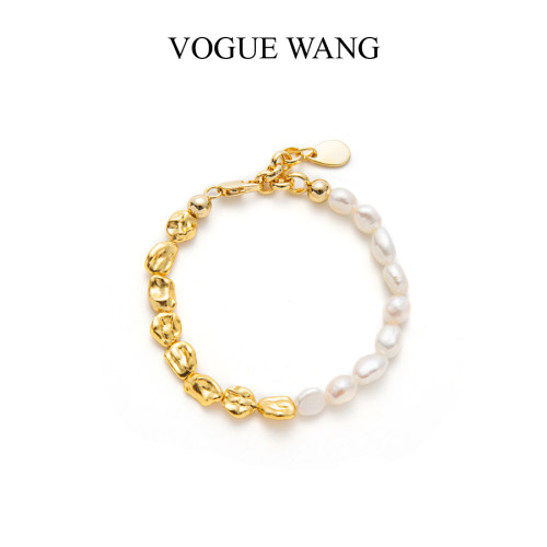 VOGUEWANG法式S925纯银金色天然不规则巴洛克珍珠金豆拼接手链镯