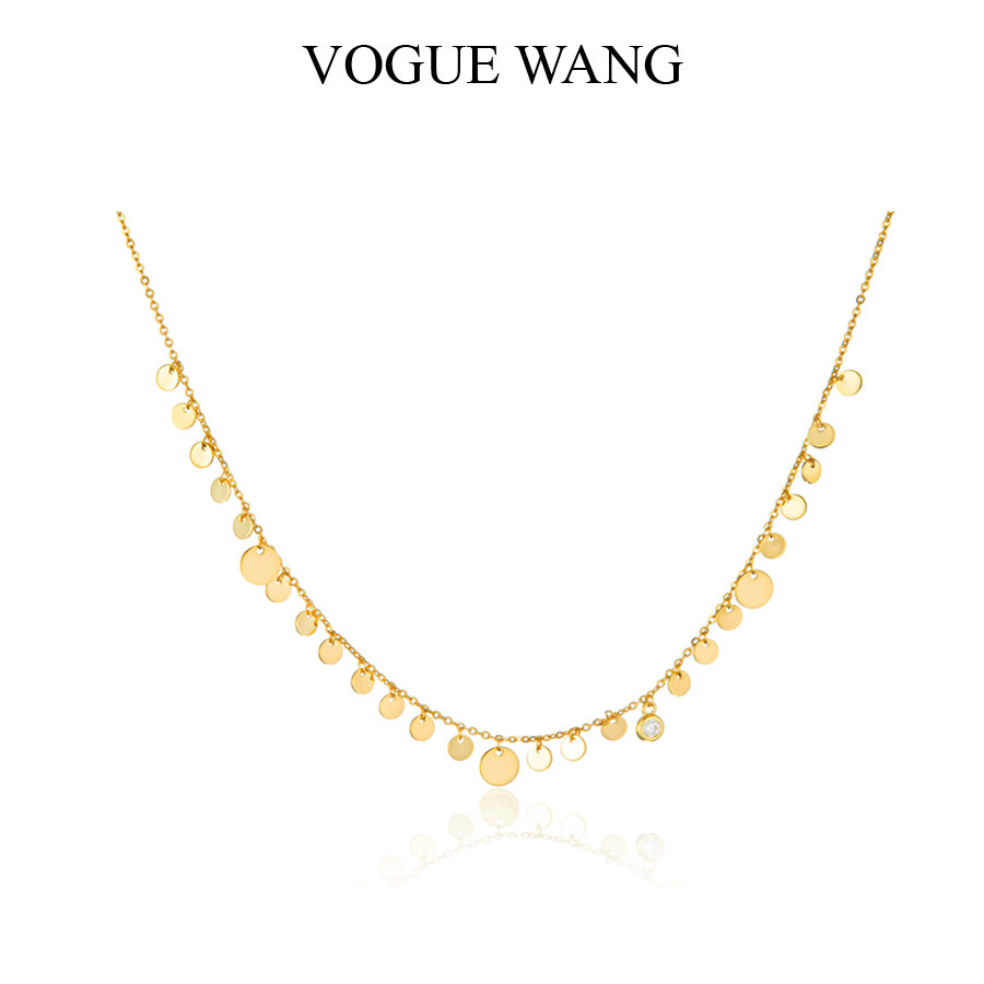 VOGUEWANG高端时髦明星同款S925纯银镀金色项圈波光粼粼圆片项链