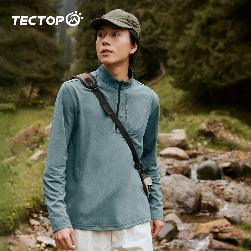 TECTOP探拓户外春秋男款弹力上衣透气立领长袖T恤徒步休闲速干衣