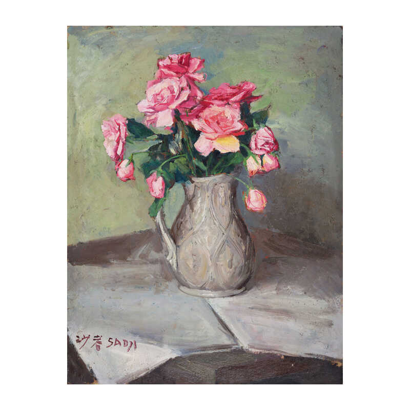 玄关花卉装饰画沙耆油画餐厅挂画手绘临摹无框画玫瑰花图片