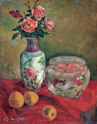 餐厅静物装饰画花卉油画吴作人玫瑰与金鱼欣美画店手绘中式