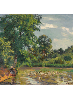Pissarro毕沙罗农村风景油画手绘临摹装饰画蒙富科池塘里的鸭子