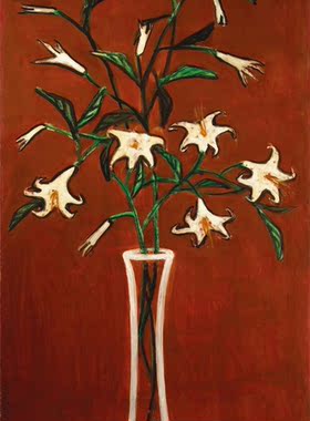 花卉装饰画常玉油画sanyu红色背景百合花手绘复制品田园植物