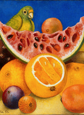 现代装饰画静物与鹦鹉打开的西瓜弗里达卡罗Frida Kahlo手绘复制