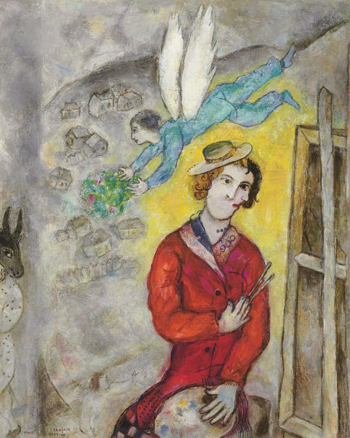 客厅玄关竖版装饰画夏加尔marc chagall油画自画像手绘临摹超现实