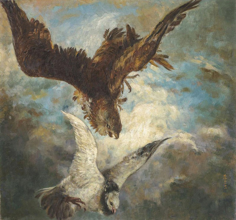 徐悲鸿油画比翼玄关动物新中式装修手绘装饰画复古临摹复制品挂画