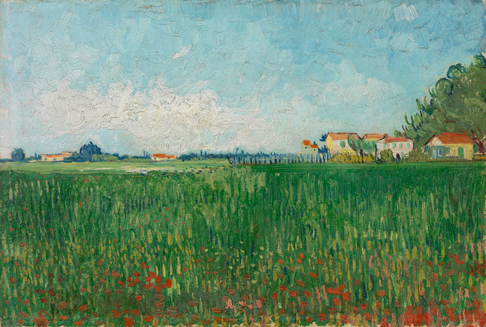 van Gogh阿尔勒附近的麦田与农舍手绘复制品梵高后印象派凡高油画