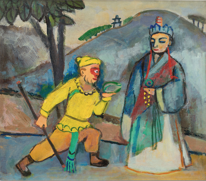 关良油画西游记唐僧与孙悟空装饰画 手工绘制民国老油画临摹复品