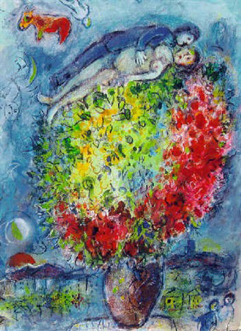浪漫爱情装饰画夏加尔鲜花恩爱夫妻超现实主义绘画marc chagall